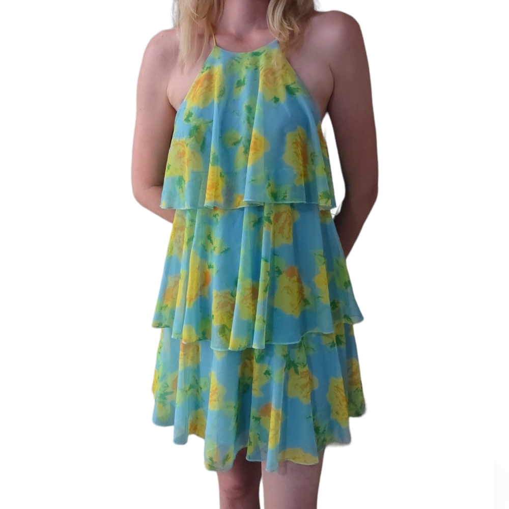 Zara dress patterned flowy halter size S Green and yellow
